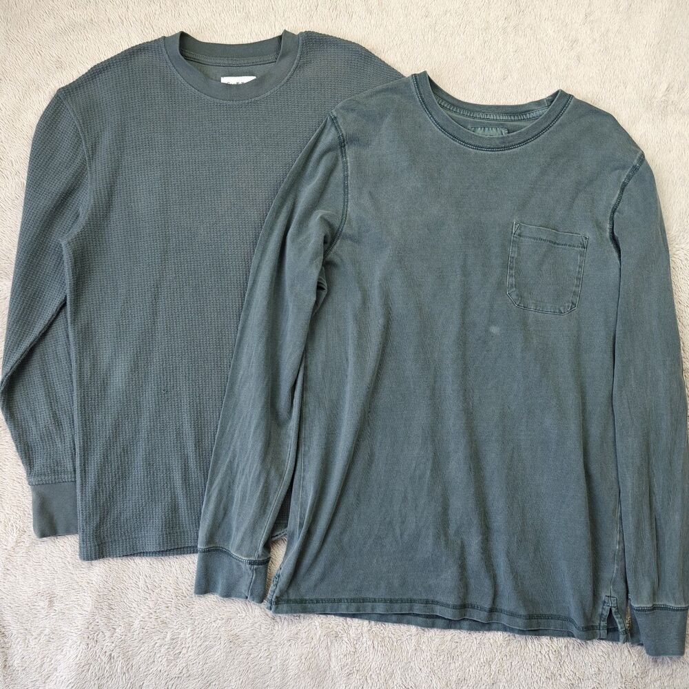 Goodfellow Bundle 2pc Men's M Green Waffle Sweater Long Sleeve Shirt Minimalist